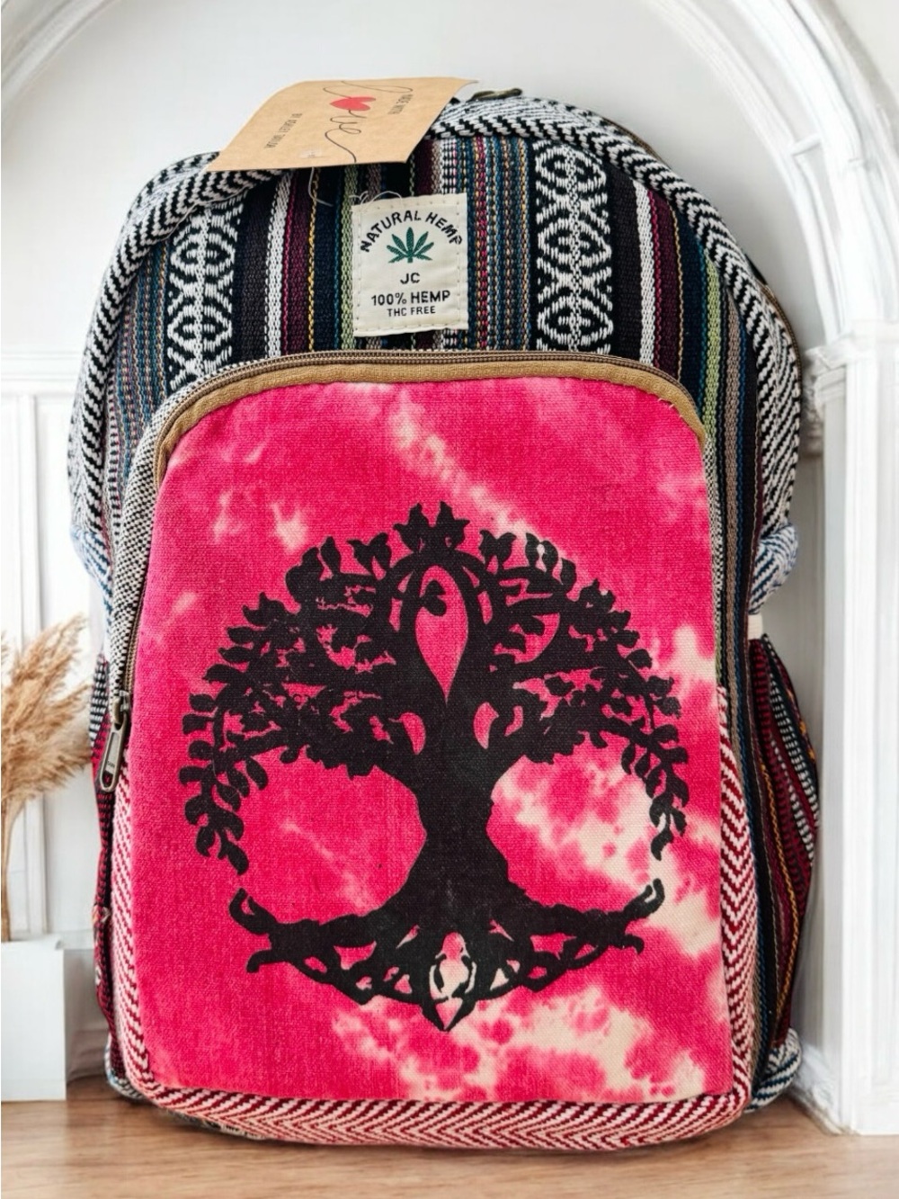 Natural Hemp JC 100% Hemp Tree of Life Backpack - Pink Front Panel